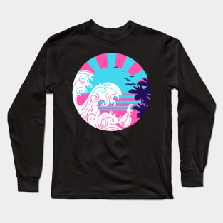 Japanese Vaporwave Neon Ocean Sunset with Palm Trees Long Sleeve T-Shirt